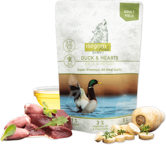 איסגרים רוטס מזון טבעי עם ברווז ולבבות לכלב 410 גרם